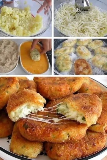 Croquetes de batata recheados com queijo derretido, uma deliciosa receita de lanche.