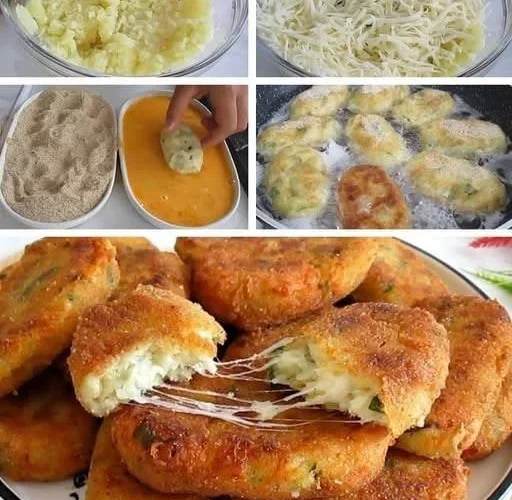 Croquetes de batata recheados com queijo derretido, uma deliciosa receita de lanche.