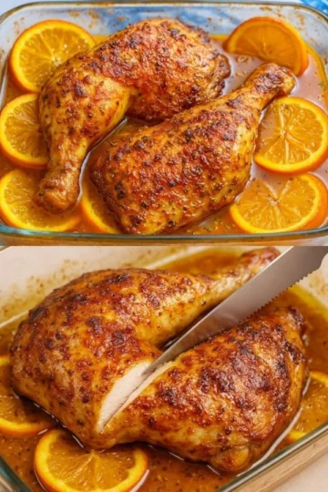 Frango Assado com Molho de Laranja, prato suculento e saboroso.
