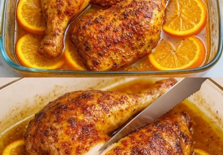 Frango Assado com Molho de Laranja, prato suculento e saboroso.