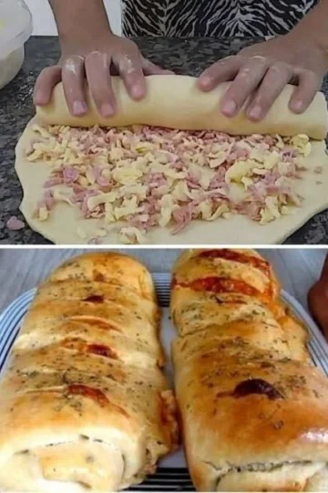 Pão recheado de presunto e queijo, fresco e apetitoso.