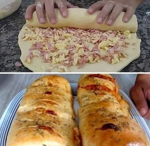 Pão recheado de presunto e queijo, fresco e apetitoso.