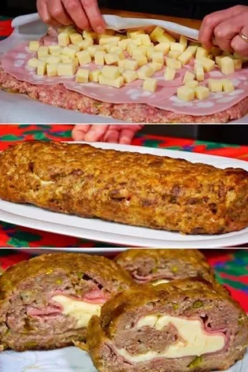 Rolo de carne recheado com presunto e queijo, prato saboroso e fácil de preparar.