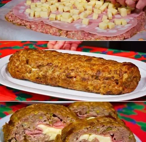 Rolo de carne recheado com presunto e queijo, prato saboroso e fácil de preparar.